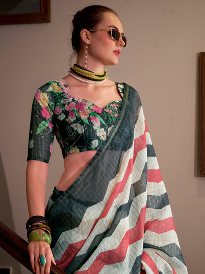 Classic Off-White &amp; Grey Wavy Print Linen Cotton Saree