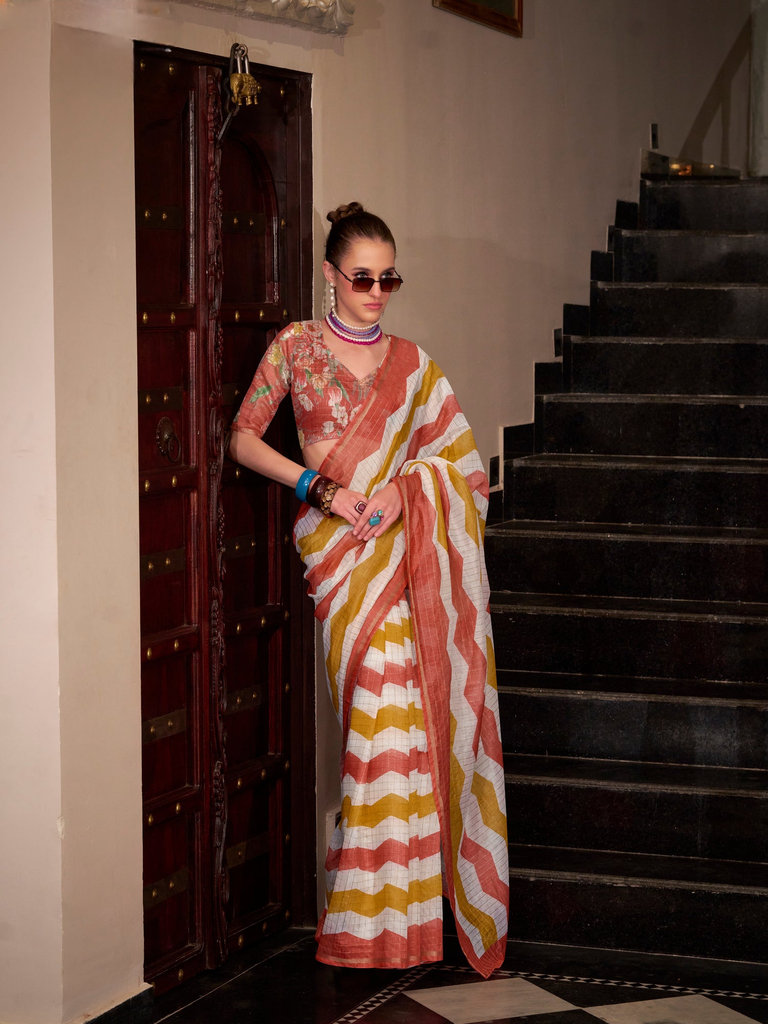 Orange &amp; Golden Wavy Print Linen Cotton Saree