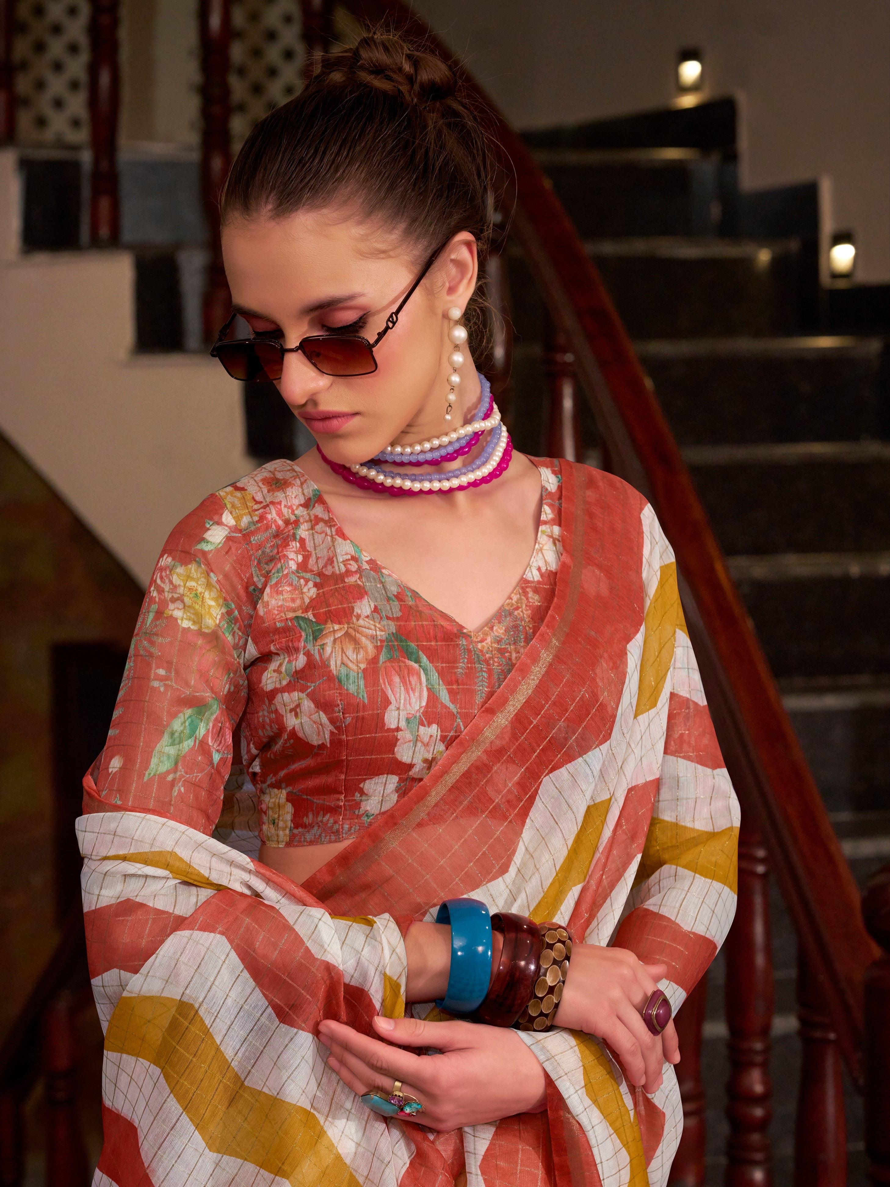 Orange & Golden Wavy Print Linen Cotton Saree