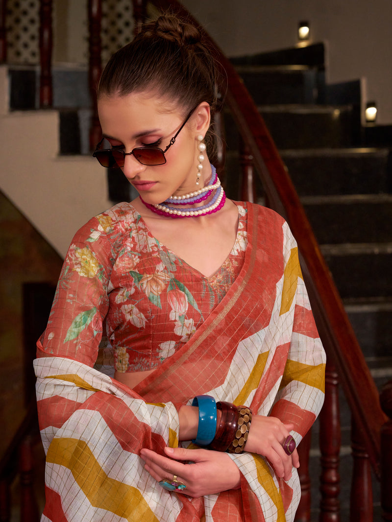 Orange & Golden Wavy Print Linen Cotton Saree