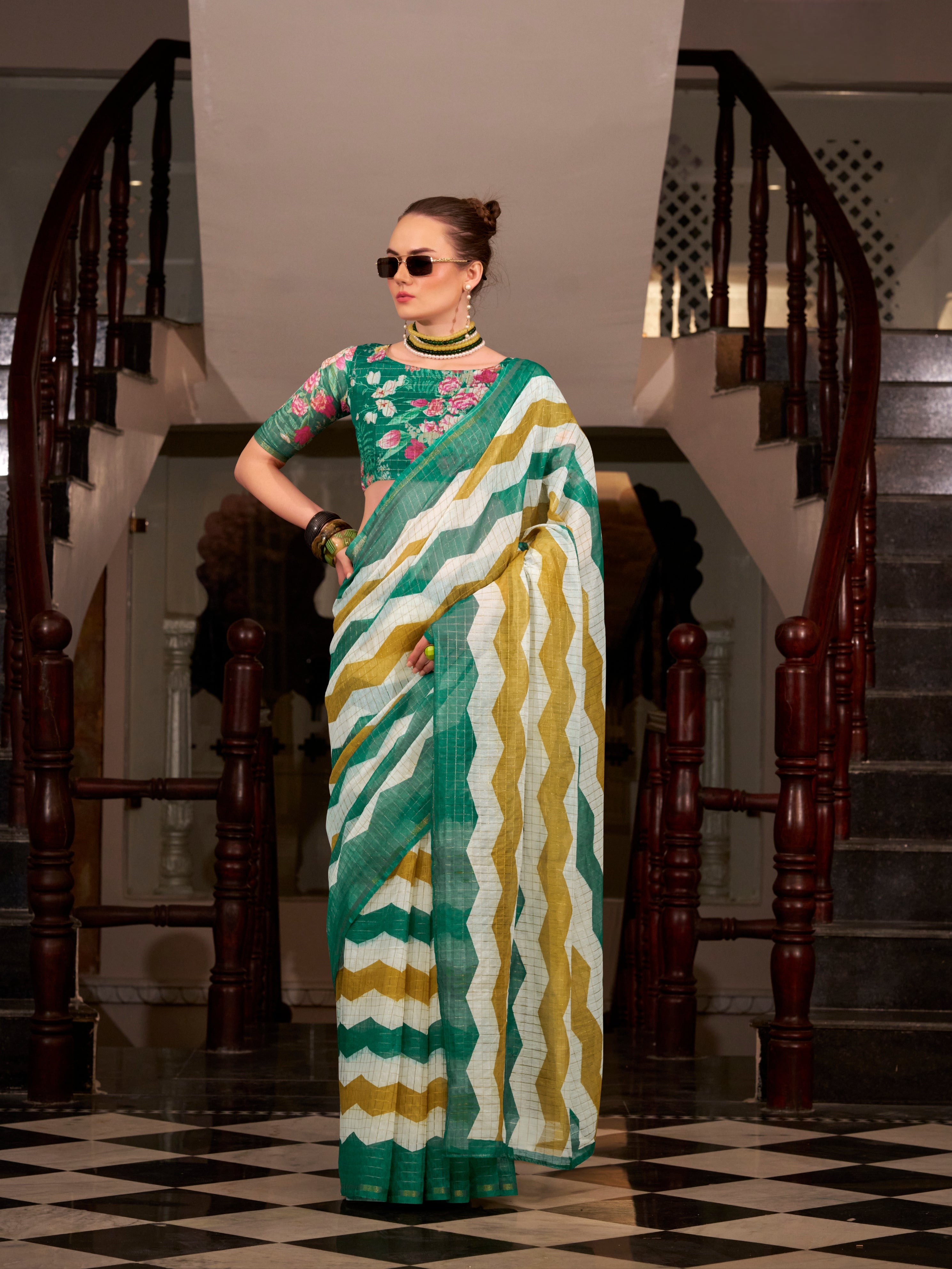 Green &amp; Yellow Wavy Print Linen Cotton Saree