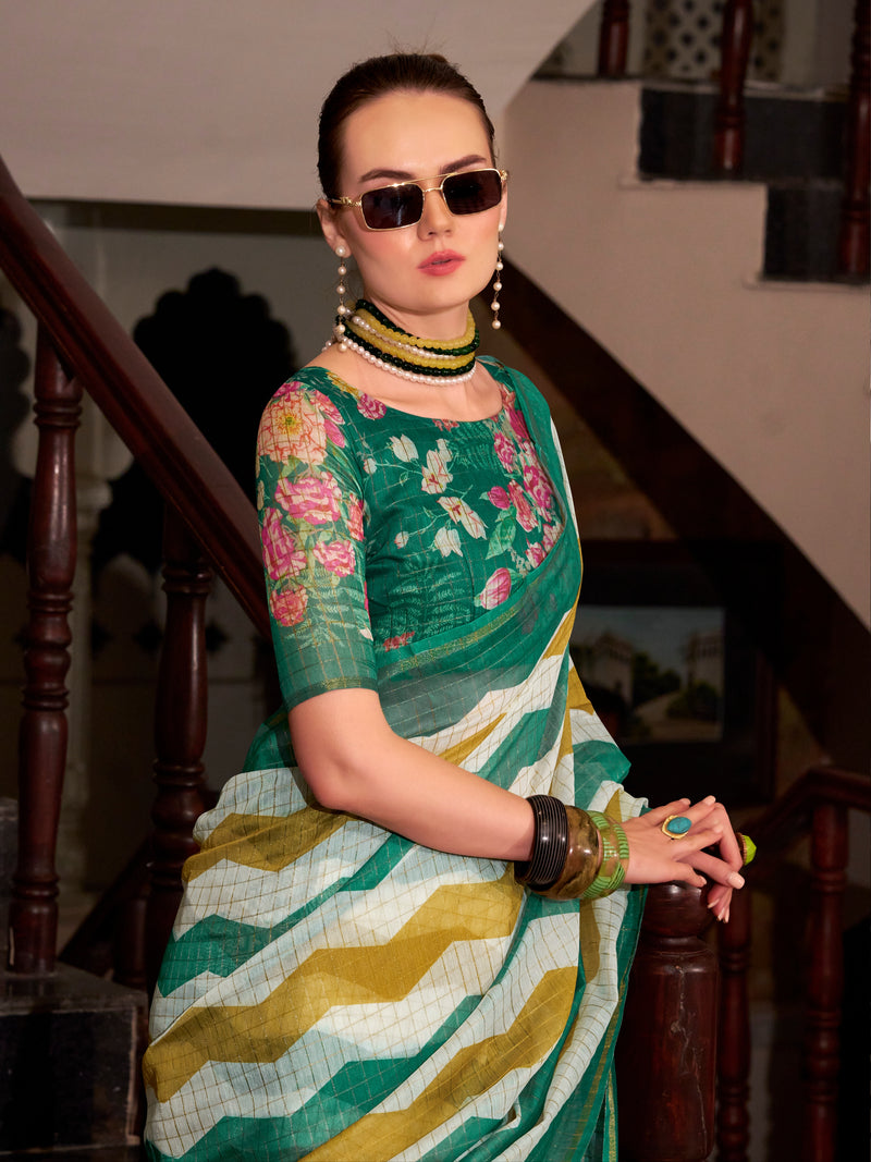 Green & Yellow Wavy Print Linen Cotton Saree