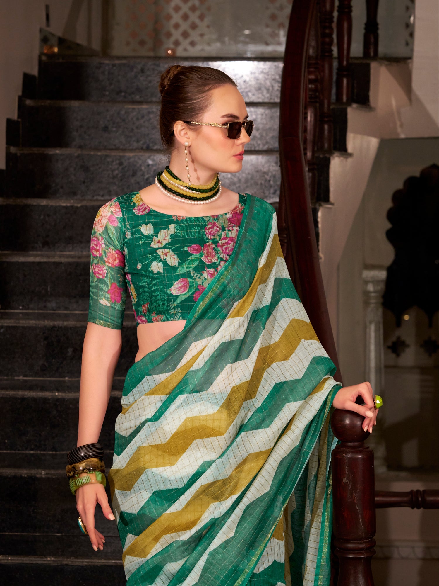 Green &amp; Yellow Wavy Print Linen Cotton Saree