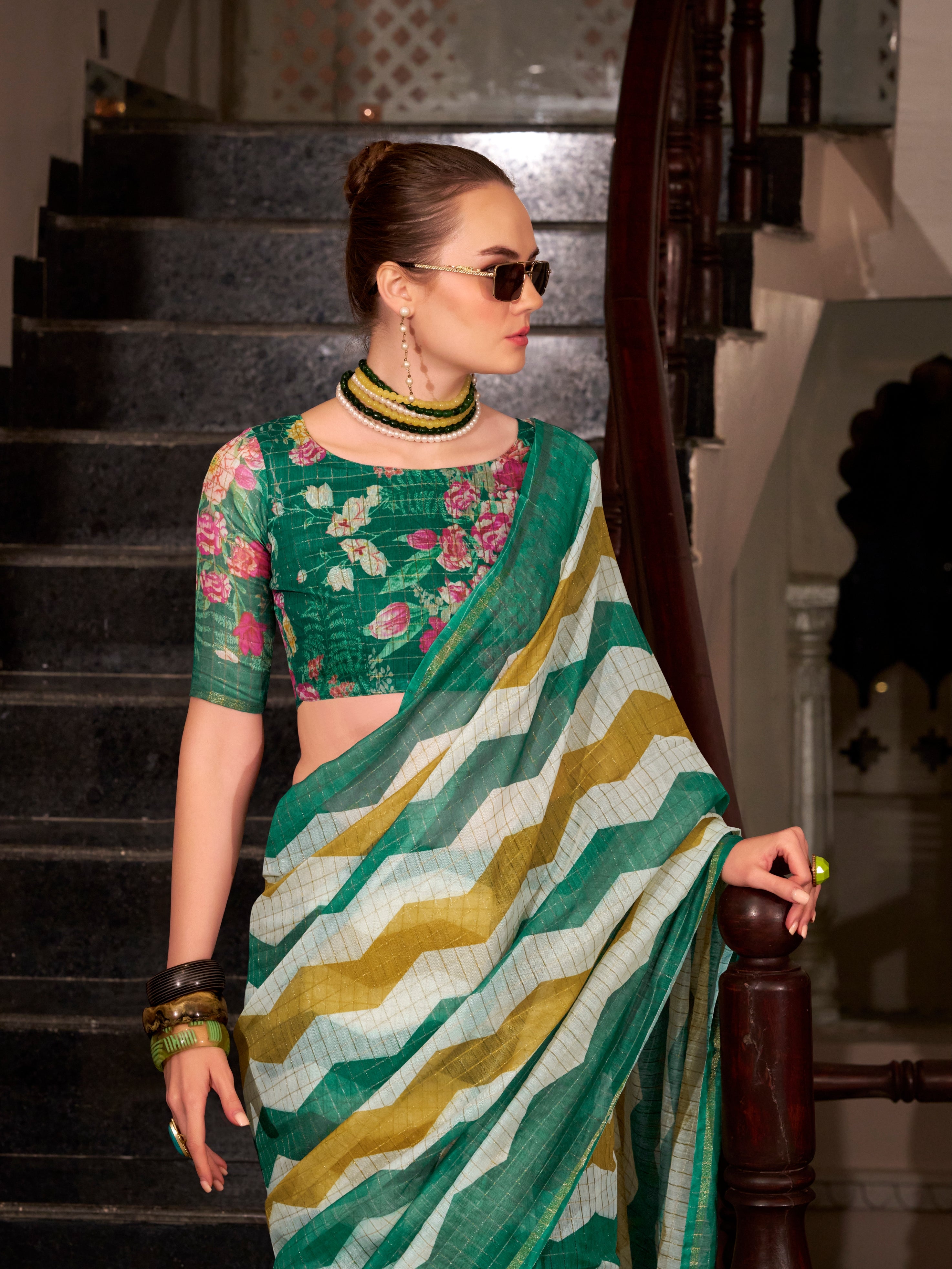 Green &amp; Yellow Wavy Print Linen Cotton Saree
