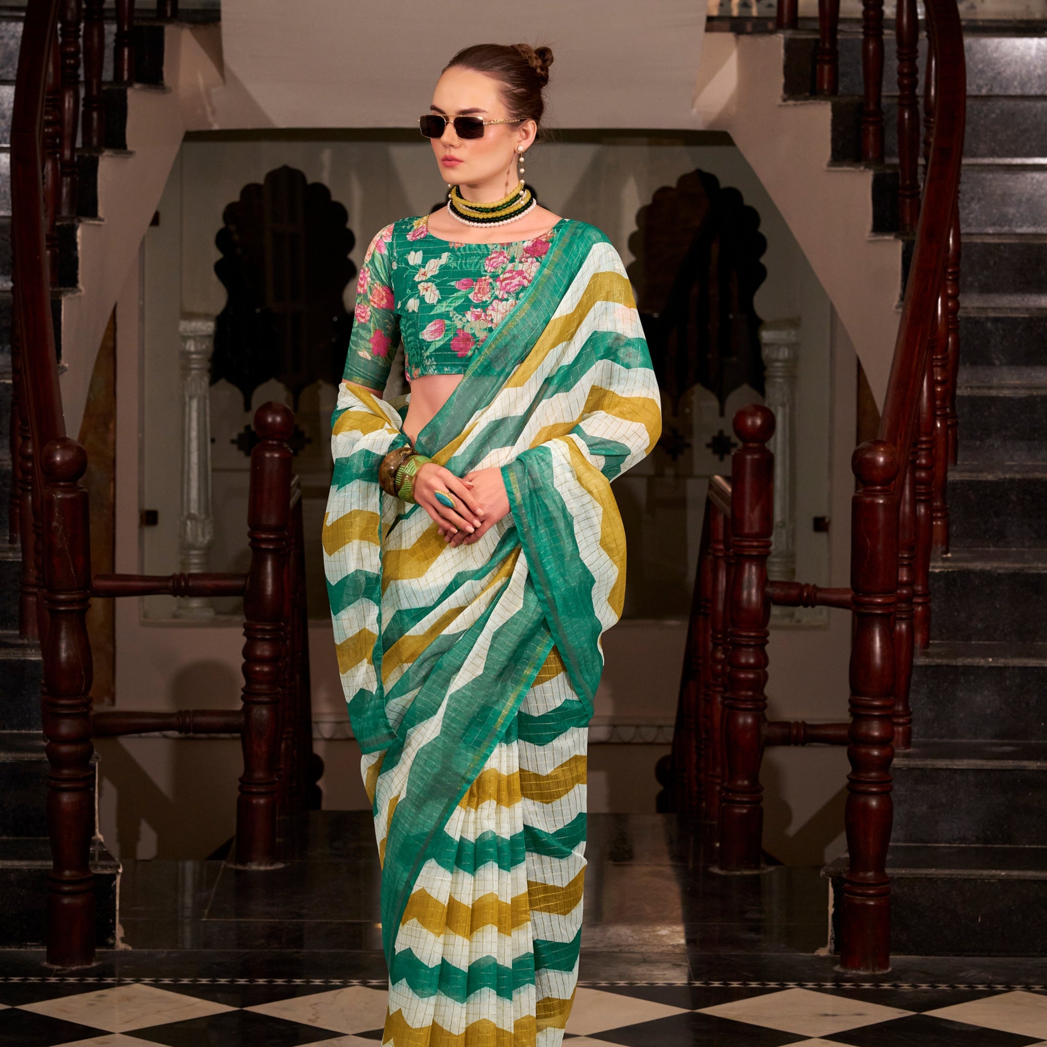Green & Yellow Wavy Print Linen Cotton Saree