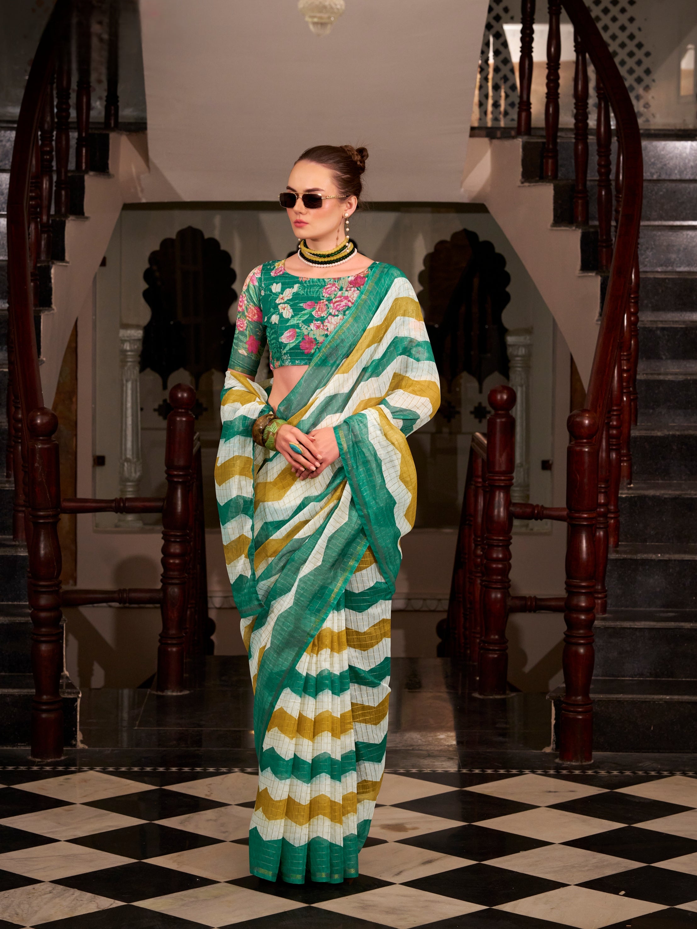 Green &amp; Yellow Wavy Print Linen Cotton Saree
