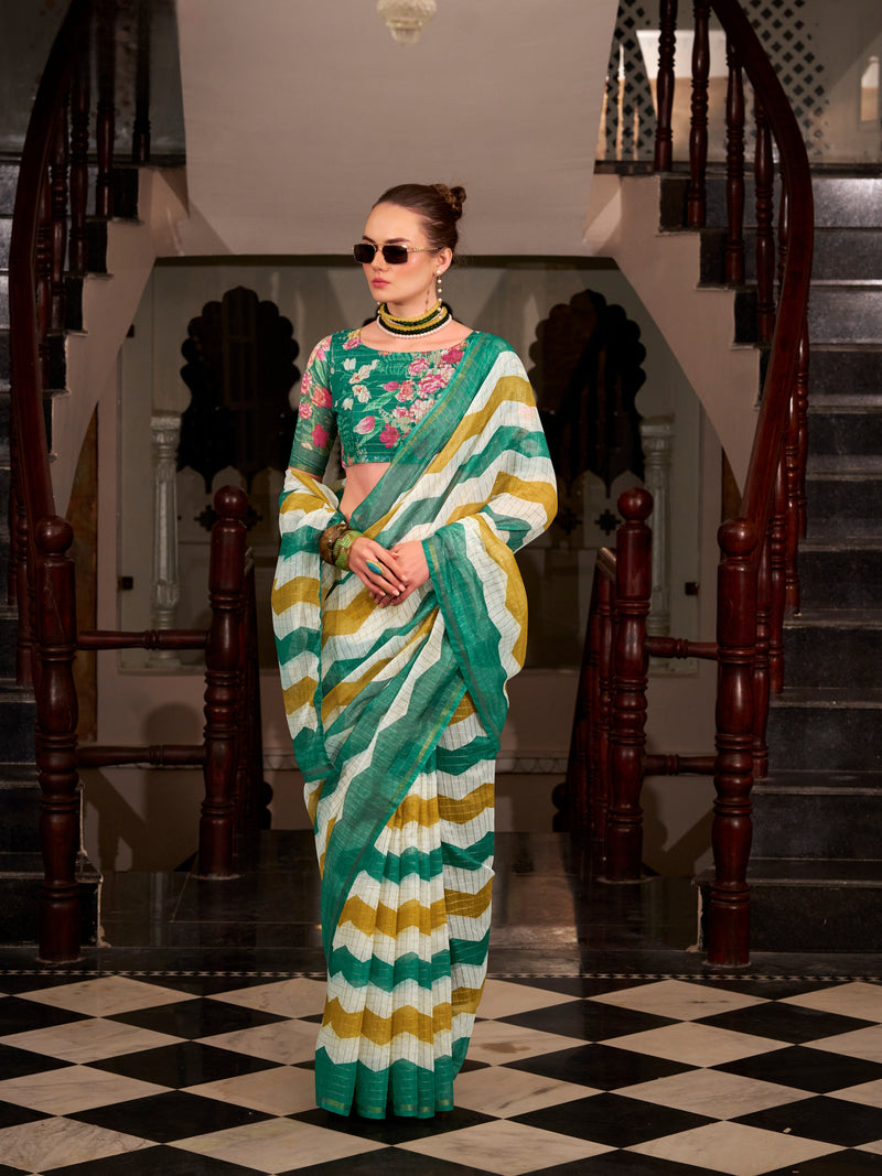 Green & Yellow Wavy Print Linen Cotton Saree