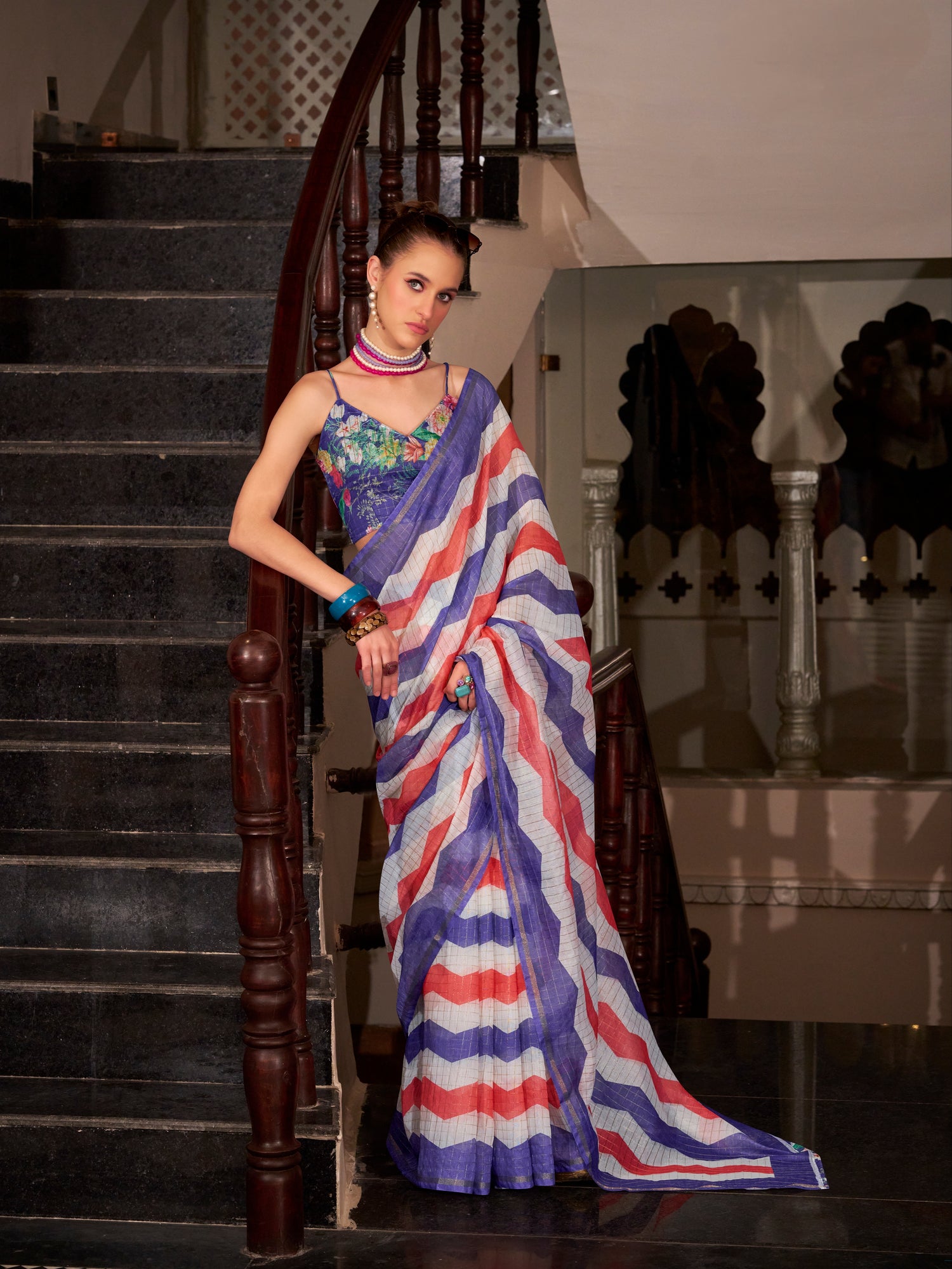 Royal Blue &amp; White Wavy Print Linen Cotton Saree
