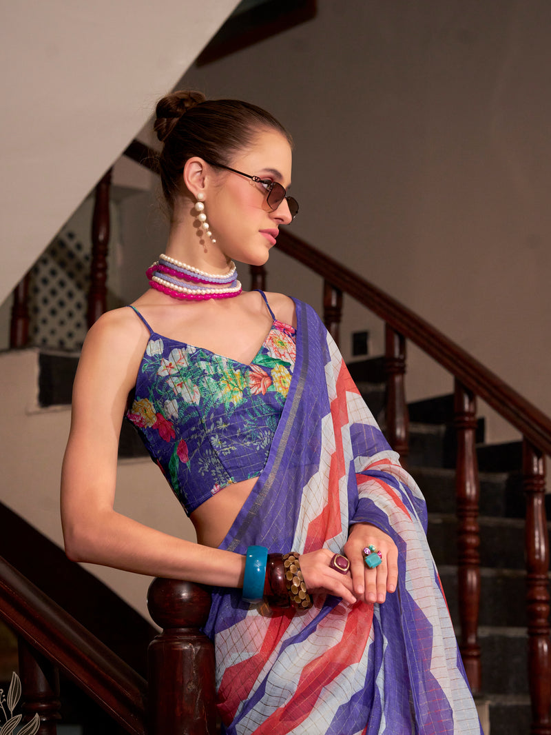 Royal Blue & White Wavy Print Linen Cotton Saree