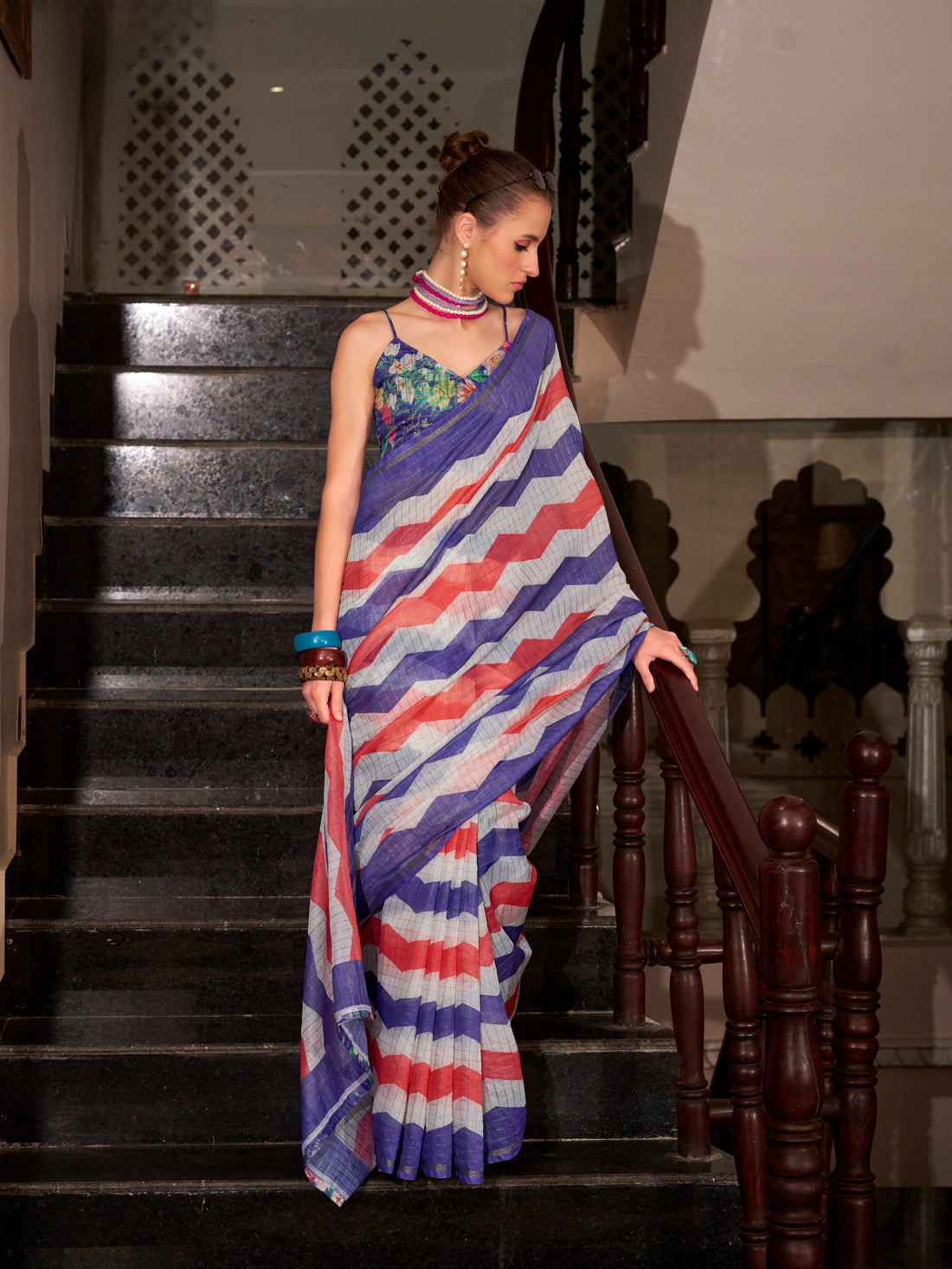 Royal Blue &amp; White Wavy Print Linen Cotton Saree