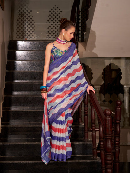 Royal Blue &amp; White Wavy Print Linen Cotton Saree