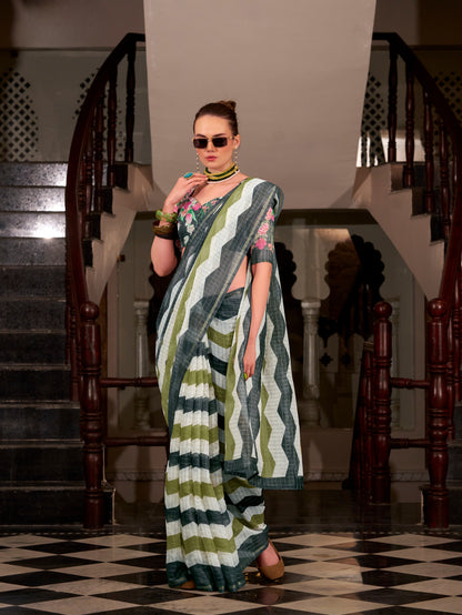 Green &amp; White Wavy Print Linen Cotton Saree