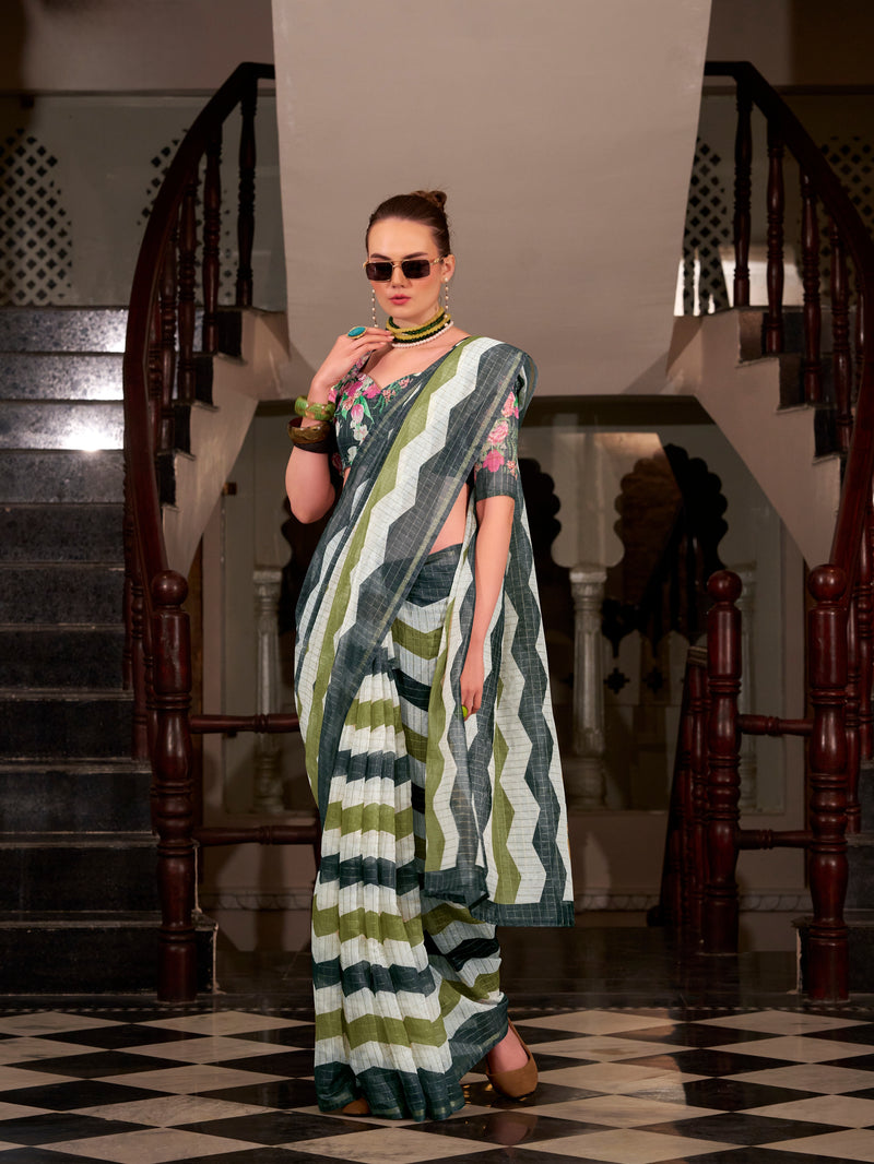 Green & White Wavy Print Linen Cotton Saree