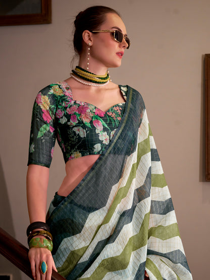 Green &amp; White Wavy Print Linen Cotton Saree