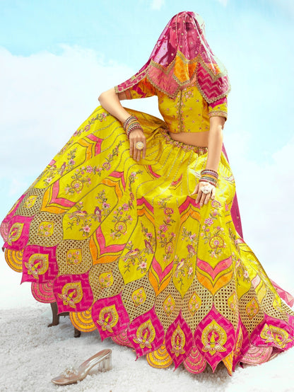Yellow &amp; Pink Heavy Embroidered Bridal Lehenga