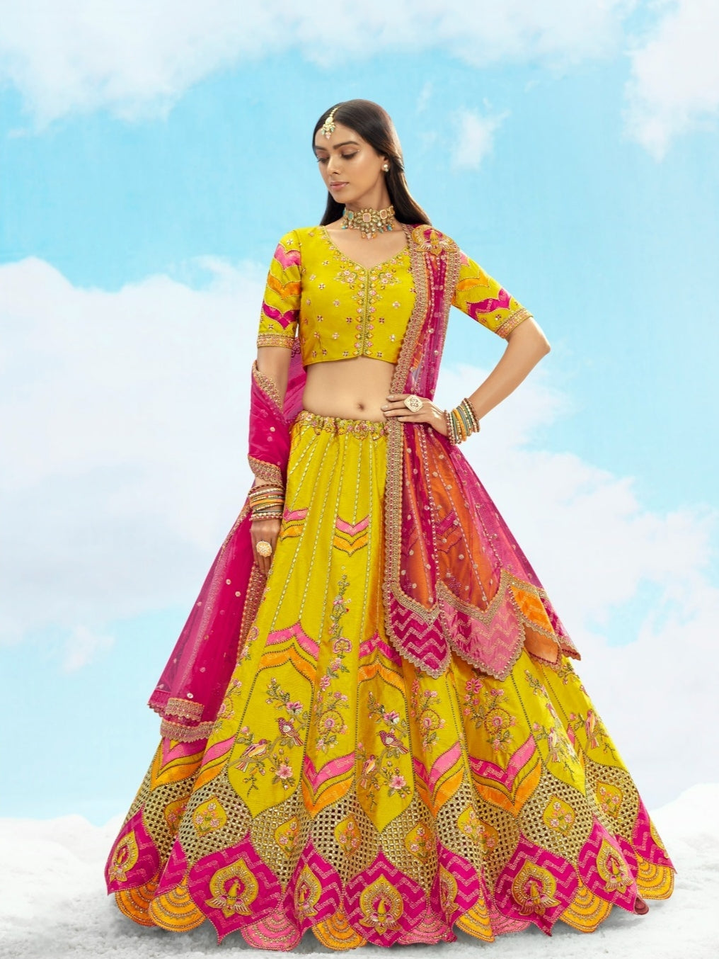 Yellow &amp; Pink Heavy Embroidered Bridal Lehenga