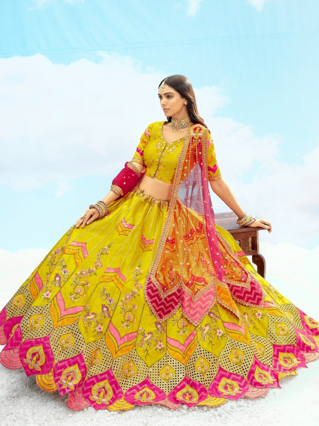 Yellow &amp; Pink Heavy Embroidered Bridal Lehenga