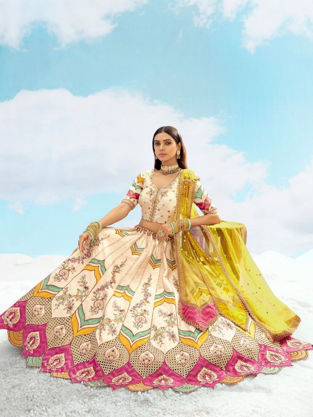 Ivory & Yellow Heavy Embroidered Wedding Lehenga