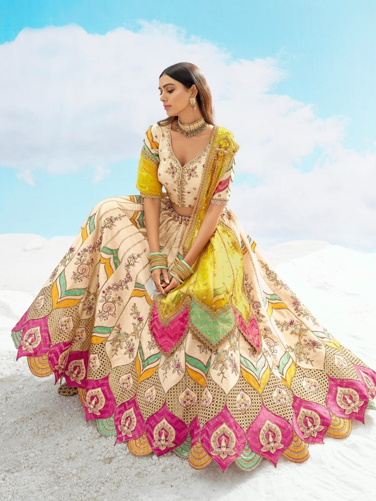 Ivory & Yellow Heavy Embroidered Wedding Lehenga