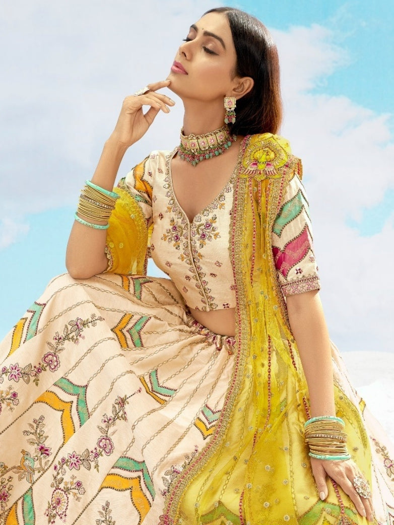 Ivory &amp; Yellow Heavy Embroidered Wedding Lehenga