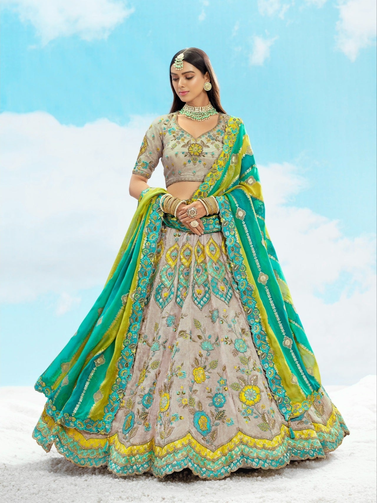 Sea Green &amp; Beige Bridal Lehenga with Sequence Embroidery