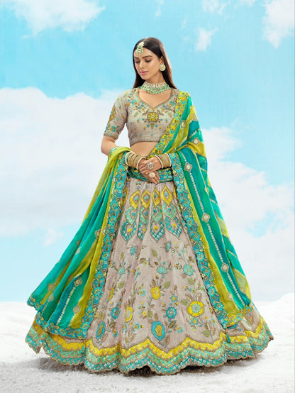 Sea Green &amp; Beige Bridal Lehenga with Sequence Embroidery