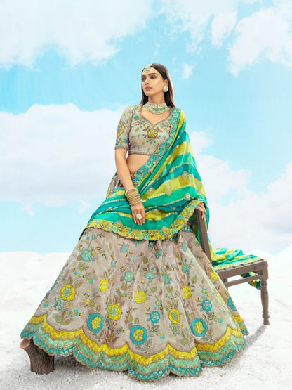 Sea Green &amp; Beige Bridal Lehenga with Sequence Embroidery