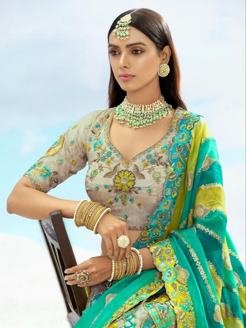 Sea Green &amp; Beige Bridal Lehenga with Sequence Embroidery