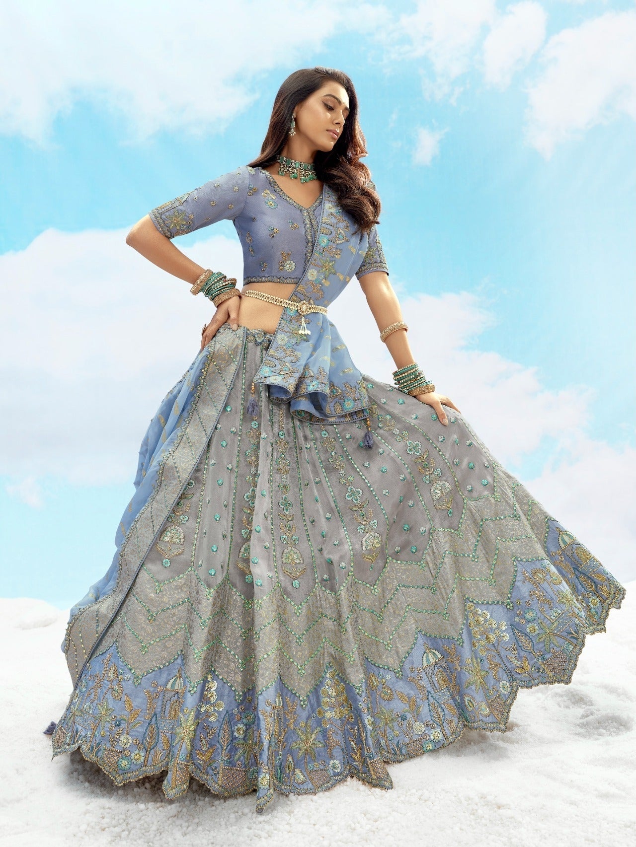 Light Blue &amp; Silver Heavy Embroidered Wedding Lehenga