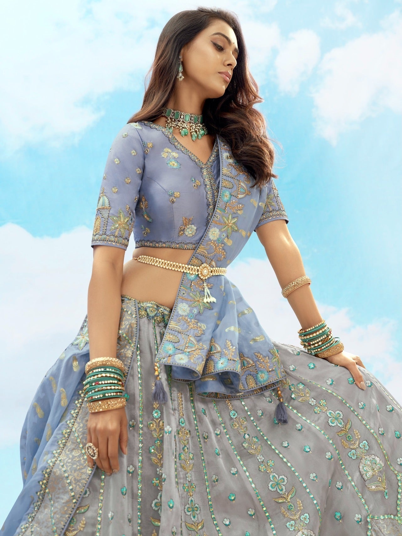 Light Blue &amp; Silver Heavy Embroidered Wedding Lehenga