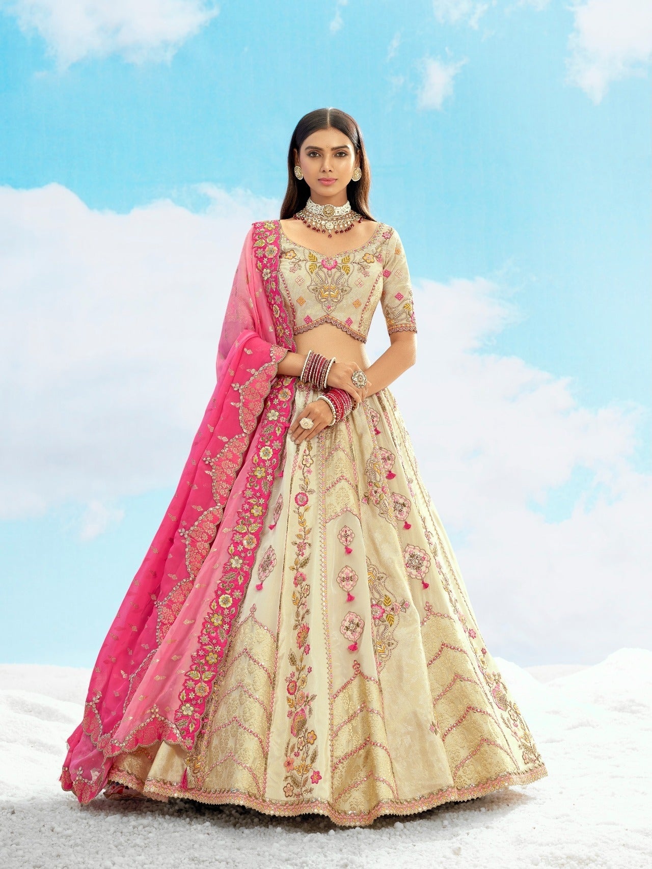 Cream &amp; Pink Wedding Lehenga with Embroidery &amp; Stone Work