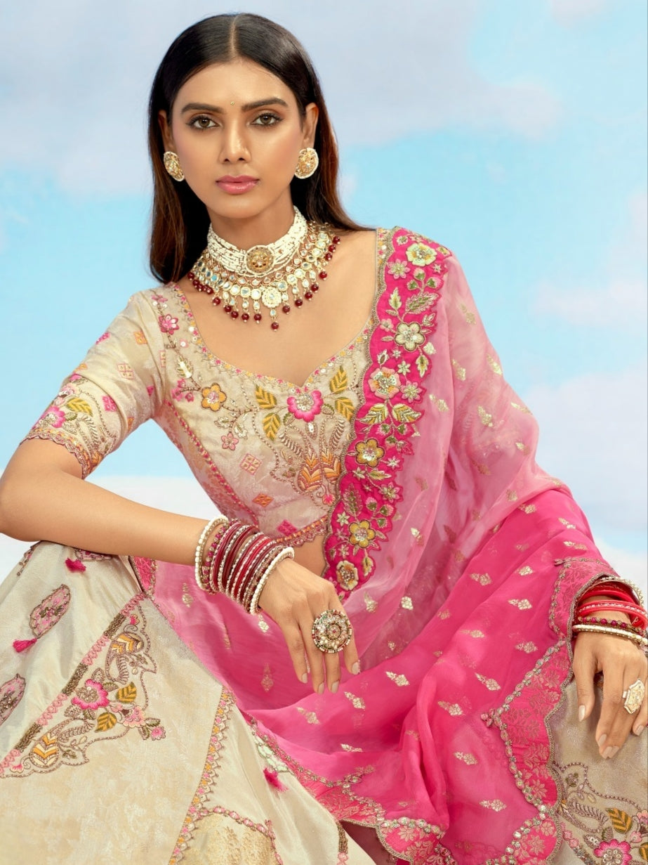 Cream &amp; Pink Wedding Lehenga with Embroidery &amp; Stone Work