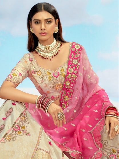 Cream &amp; Pink Wedding Lehenga with Embroidery &amp; Stone Work
