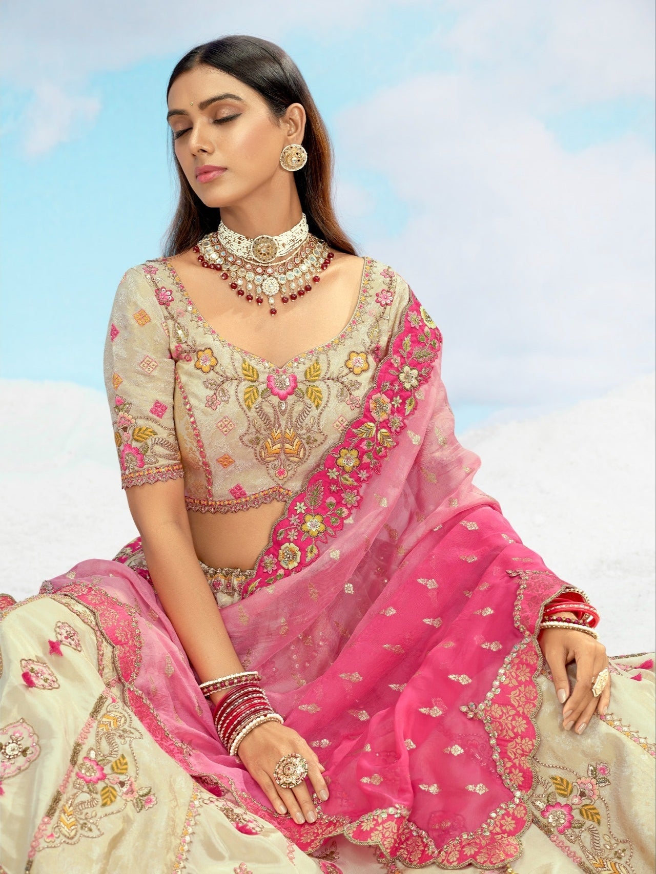 Cream &amp; Pink Wedding Lehenga with Embroidery &amp; Stone Work