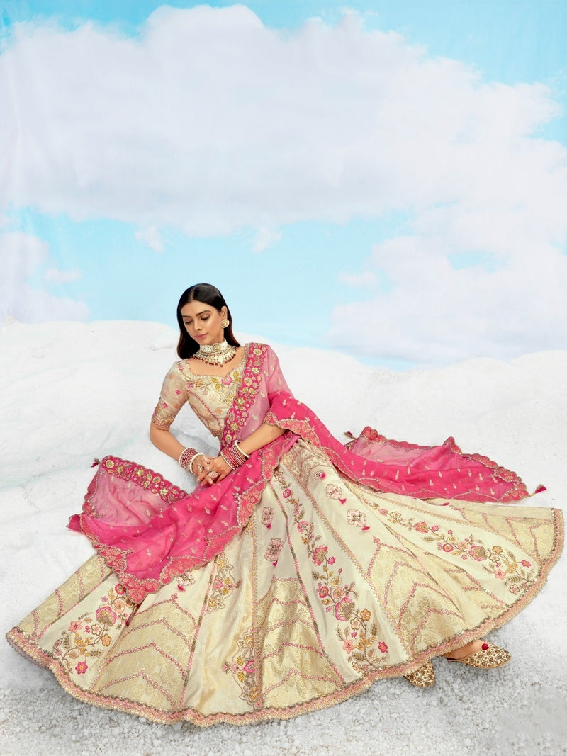 Cream & Pink Wedding Lehenga with Embroidery & Stone Work