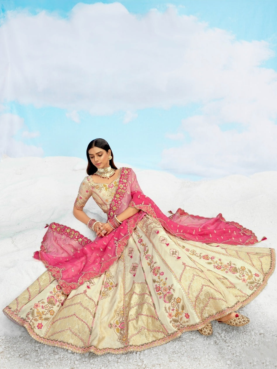 Cream & Pink Wedding Lehenga with Embroidery & Stone Work