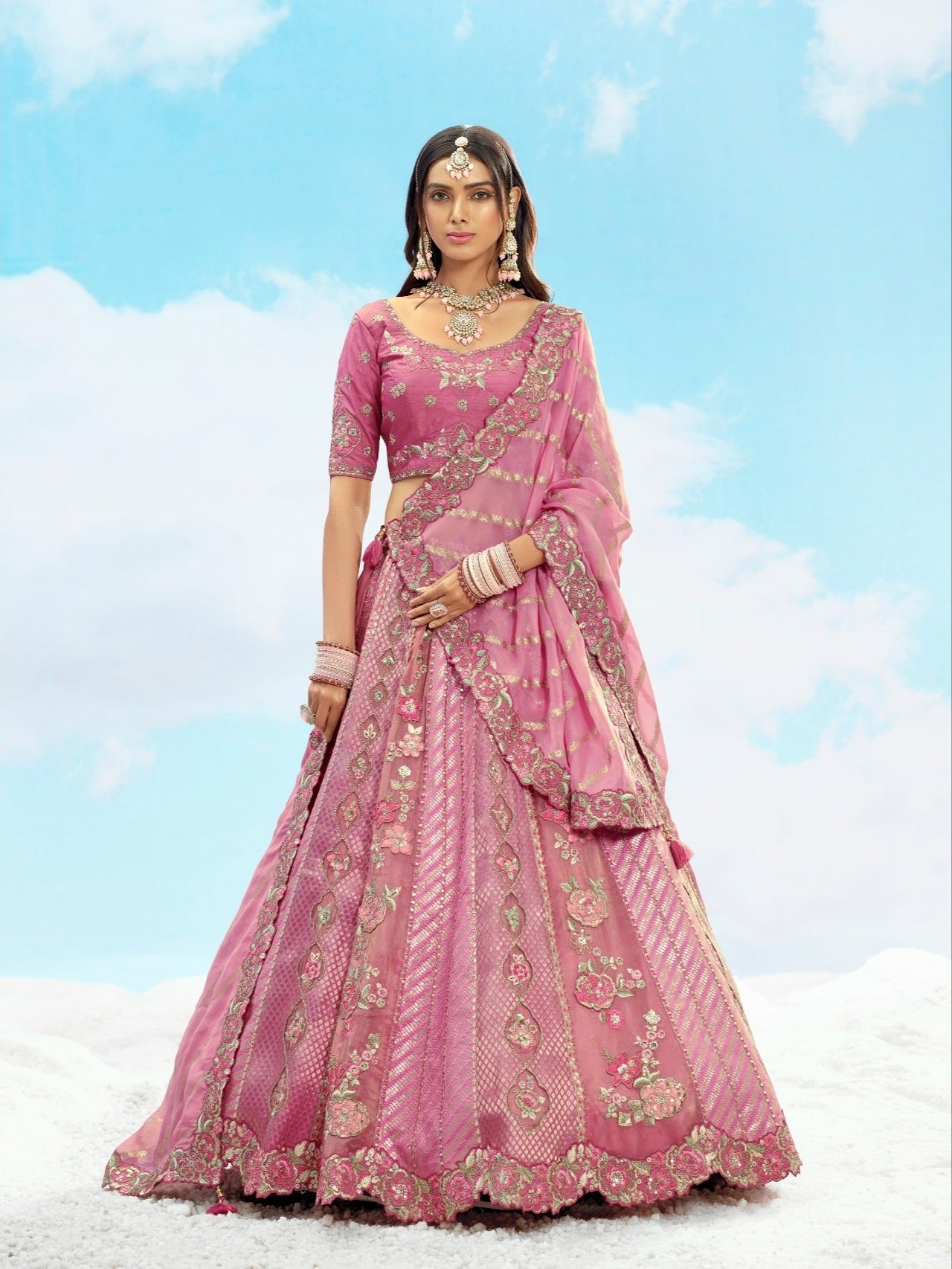 Soft Pink and Gold Bridal Lehenga with Heavy Zari Embroidery