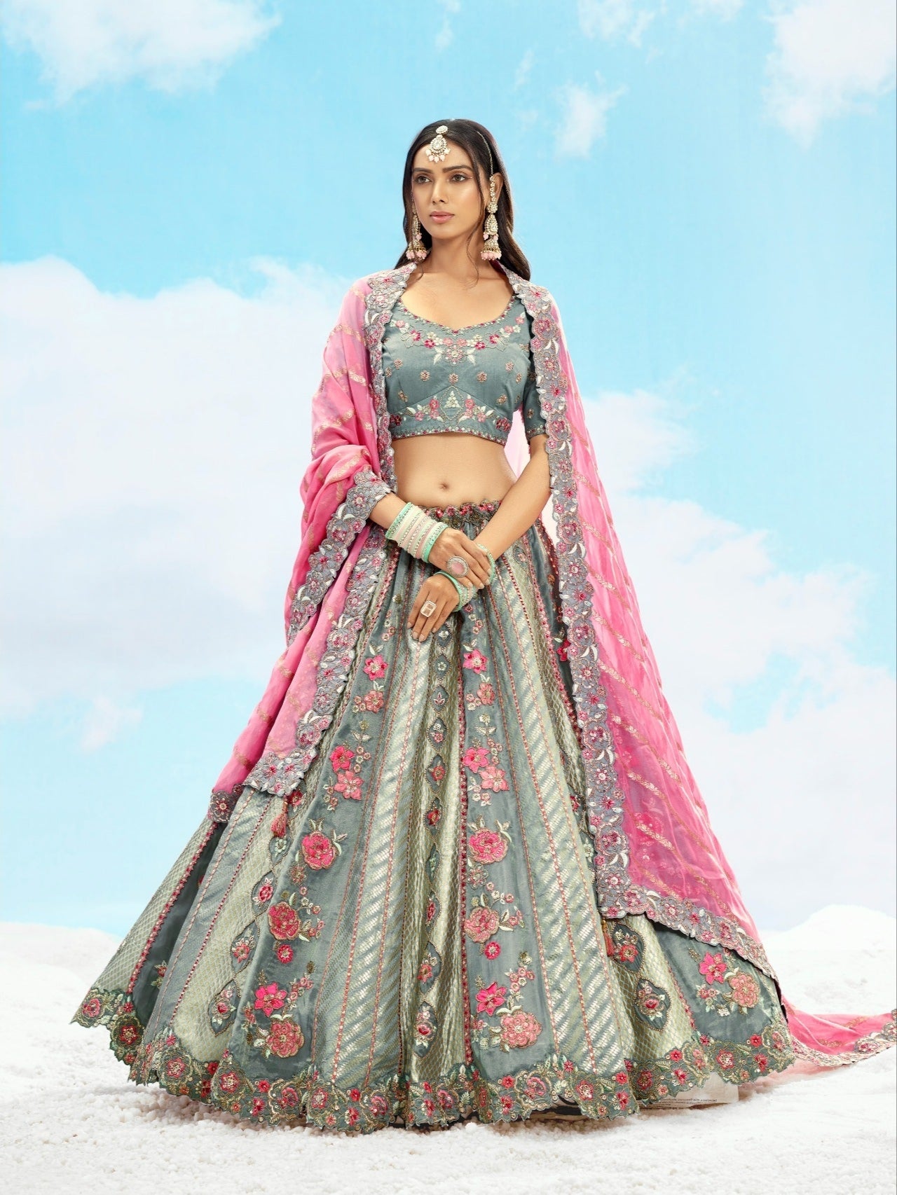 Grey & Pink Bridal Lehenga with Sequence & Stone Work