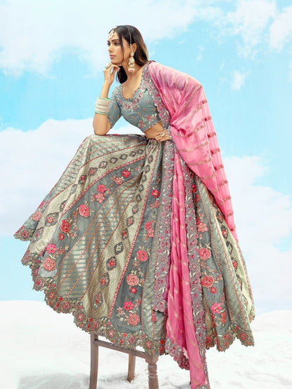 Grey &amp; Pink Bridal Lehenga with Sequence &amp; Stone Work