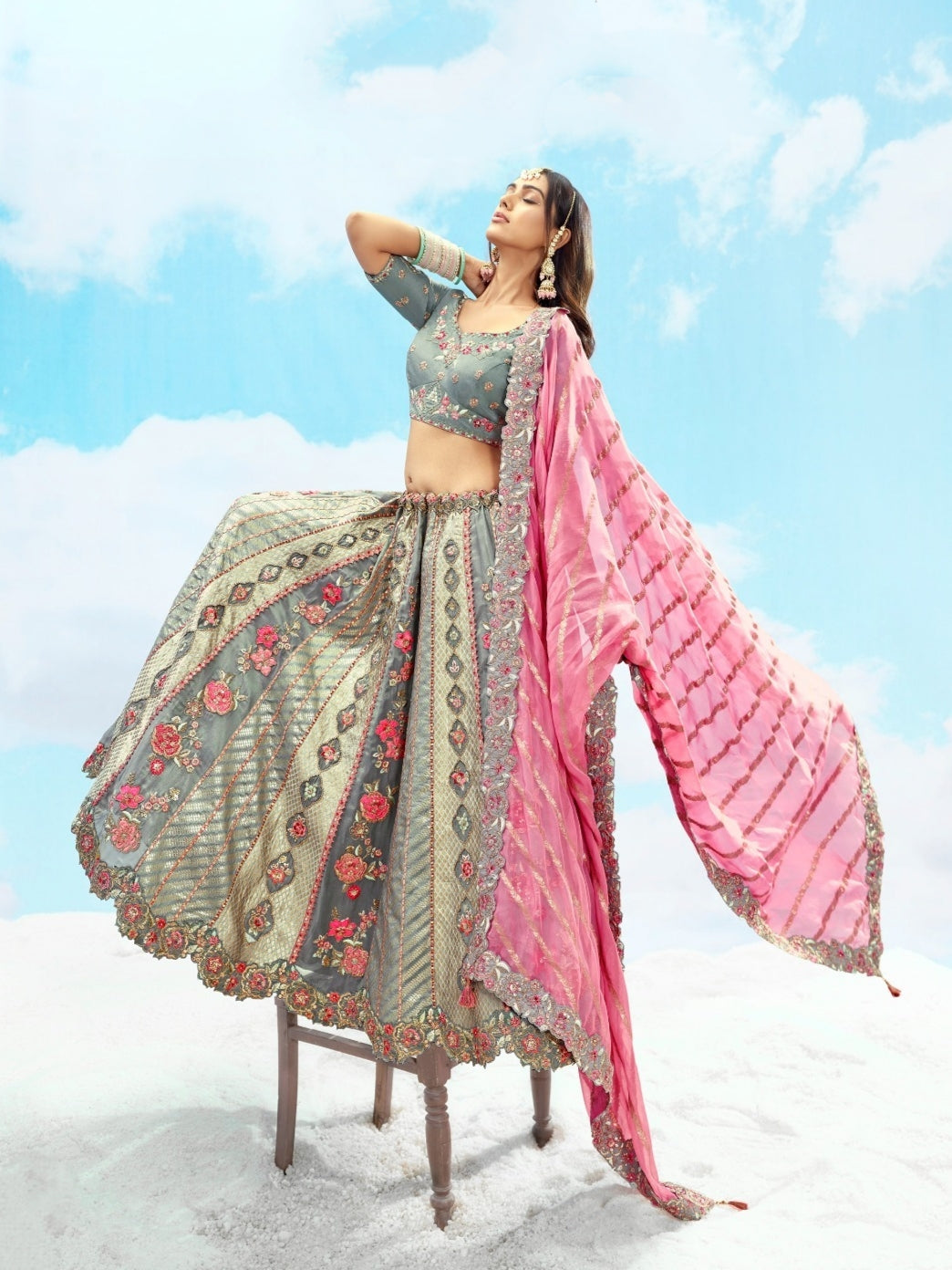 Grey &amp; Pink Bridal Lehenga with Sequence &amp; Stone Work