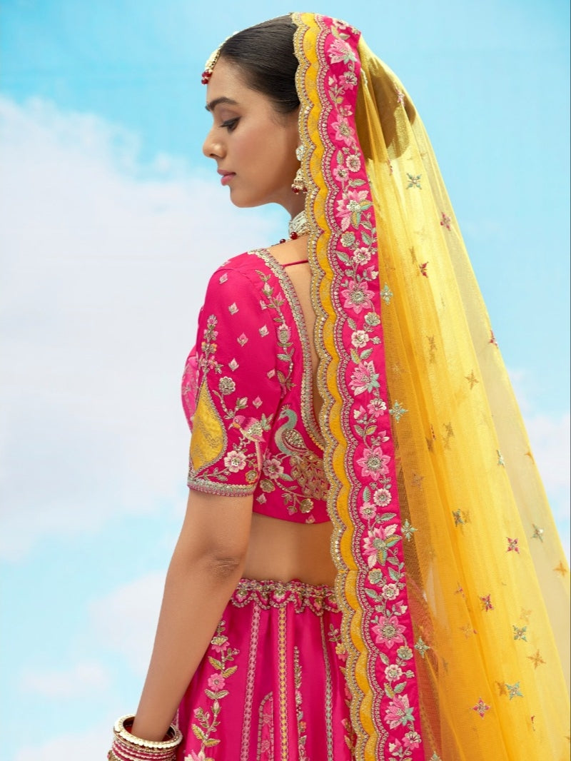 Hot Pink &amp; Yellow Bridal Lehenga with Heavy Zari Embroidery