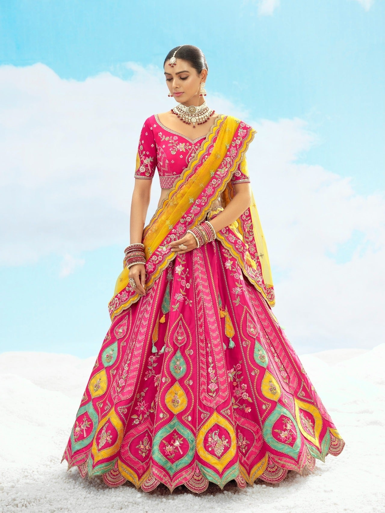 Hot Pink &amp; Yellow Bridal Lehenga with Heavy Zari Embroidery
