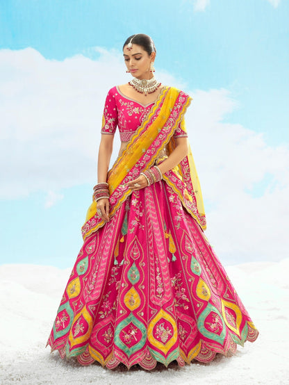 Hot Pink &amp; Yellow Bridal Lehenga with Heavy Zari Embroidery