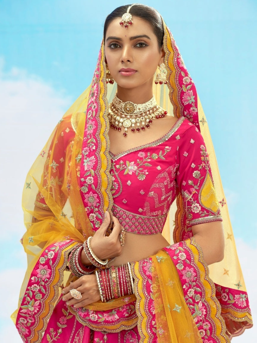 Hot Pink &amp; Yellow Bridal Lehenga with Heavy Zari Embroidery