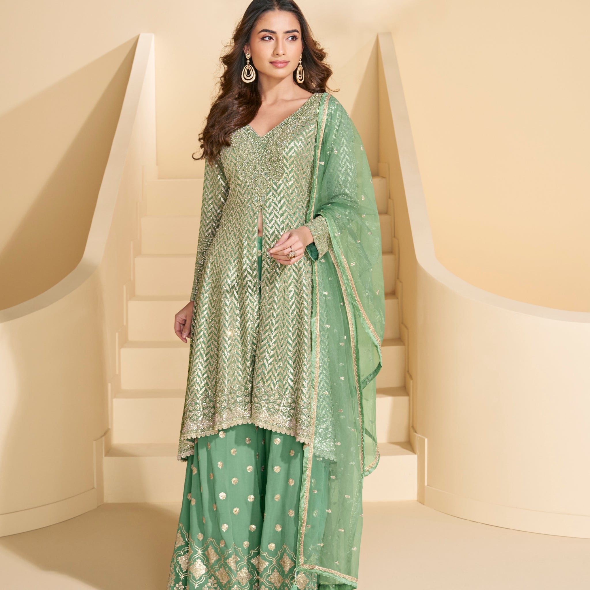 Green Heavy Embroidered Georgette Sharara Suit