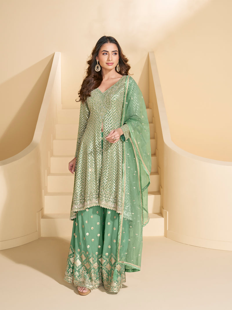 Green Heavy Embroidered Georgette Sharara Suit