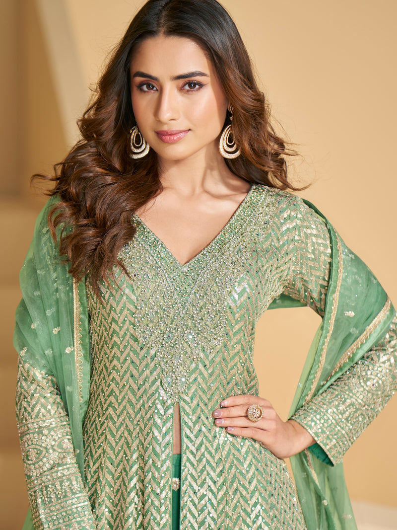 Green Heavy Embroidered Georgette Sharara Suit