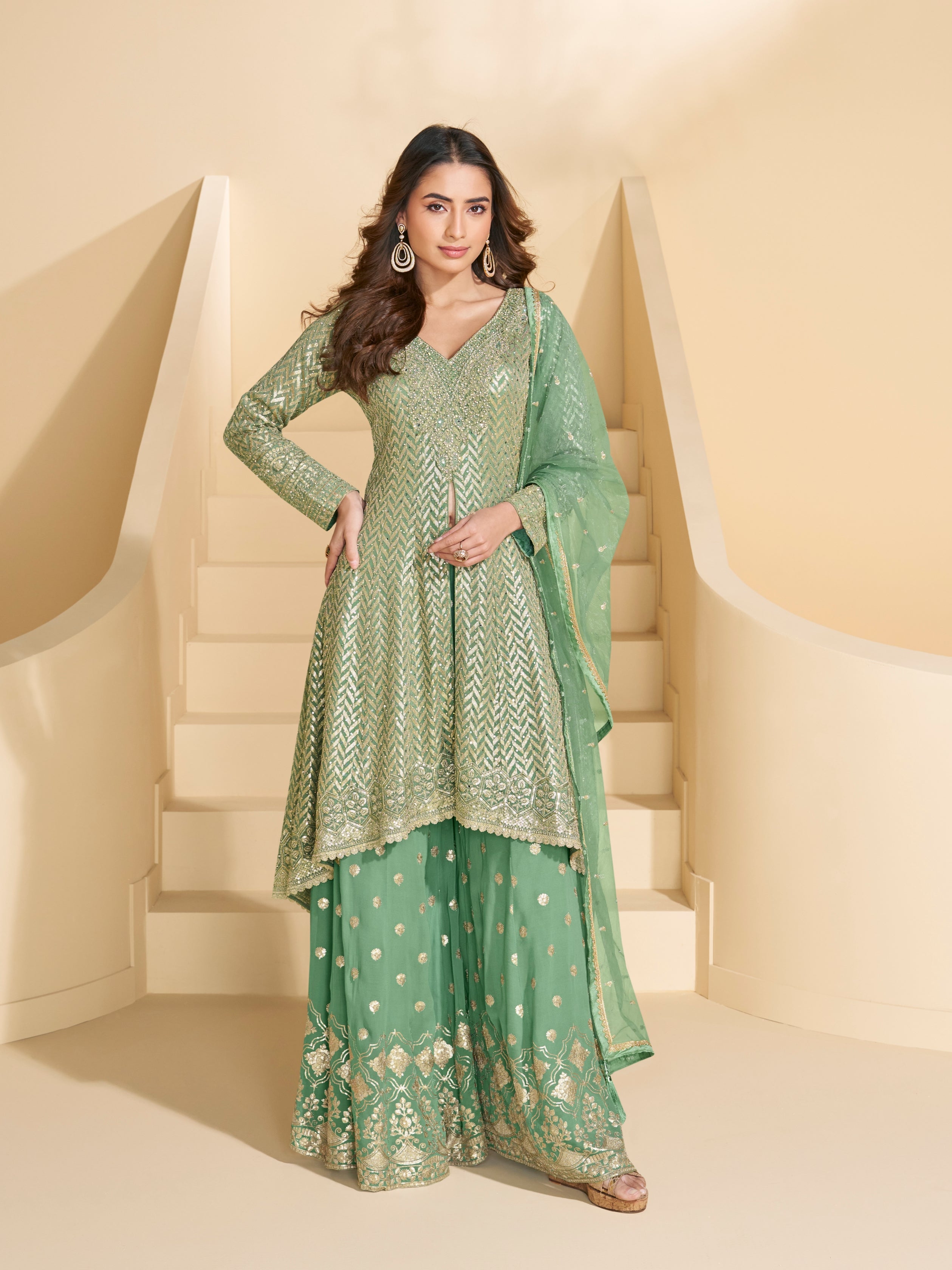 Green Heavy Embroidered Georgette Sharara Suit
