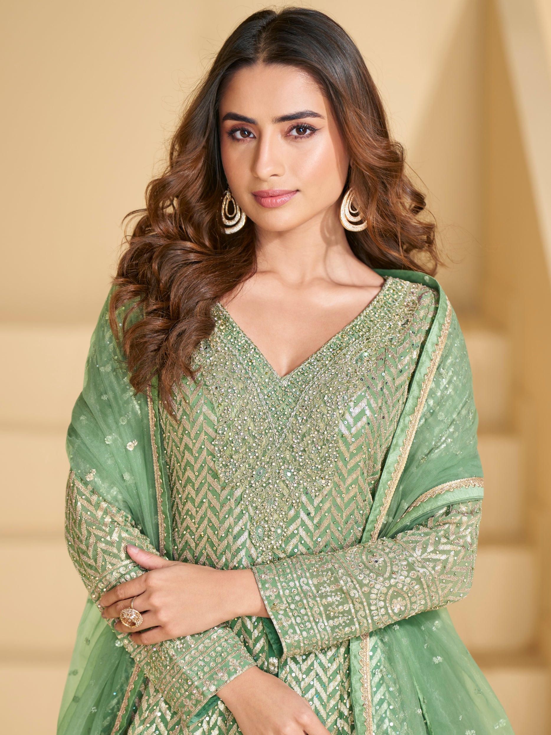 Green Heavy Embroidered Georgette Sharara Suit