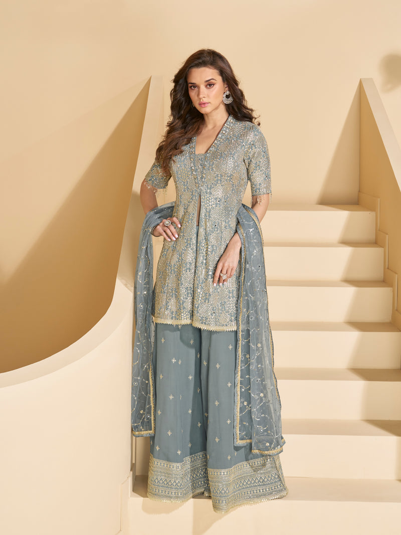 Royal Blue Heavy Embroidered Georgette Sharara Suit